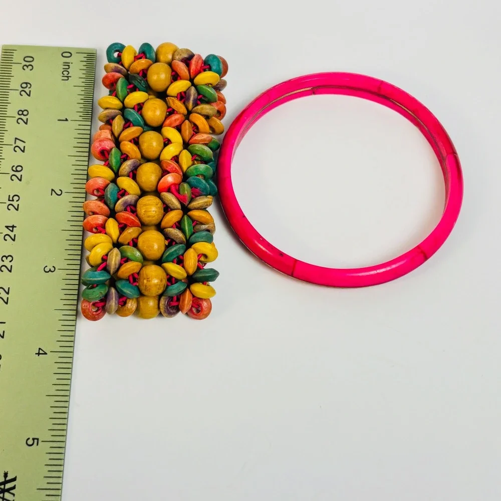 Vintage Bracelet Set Multicolor Wood Bead Stretch Pink Bangle Boho Statement